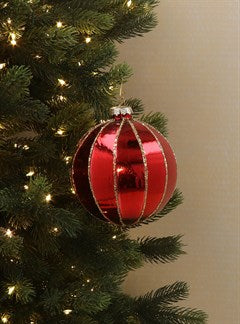 Shiny Red Glass ball with Gold Glitter Stripes