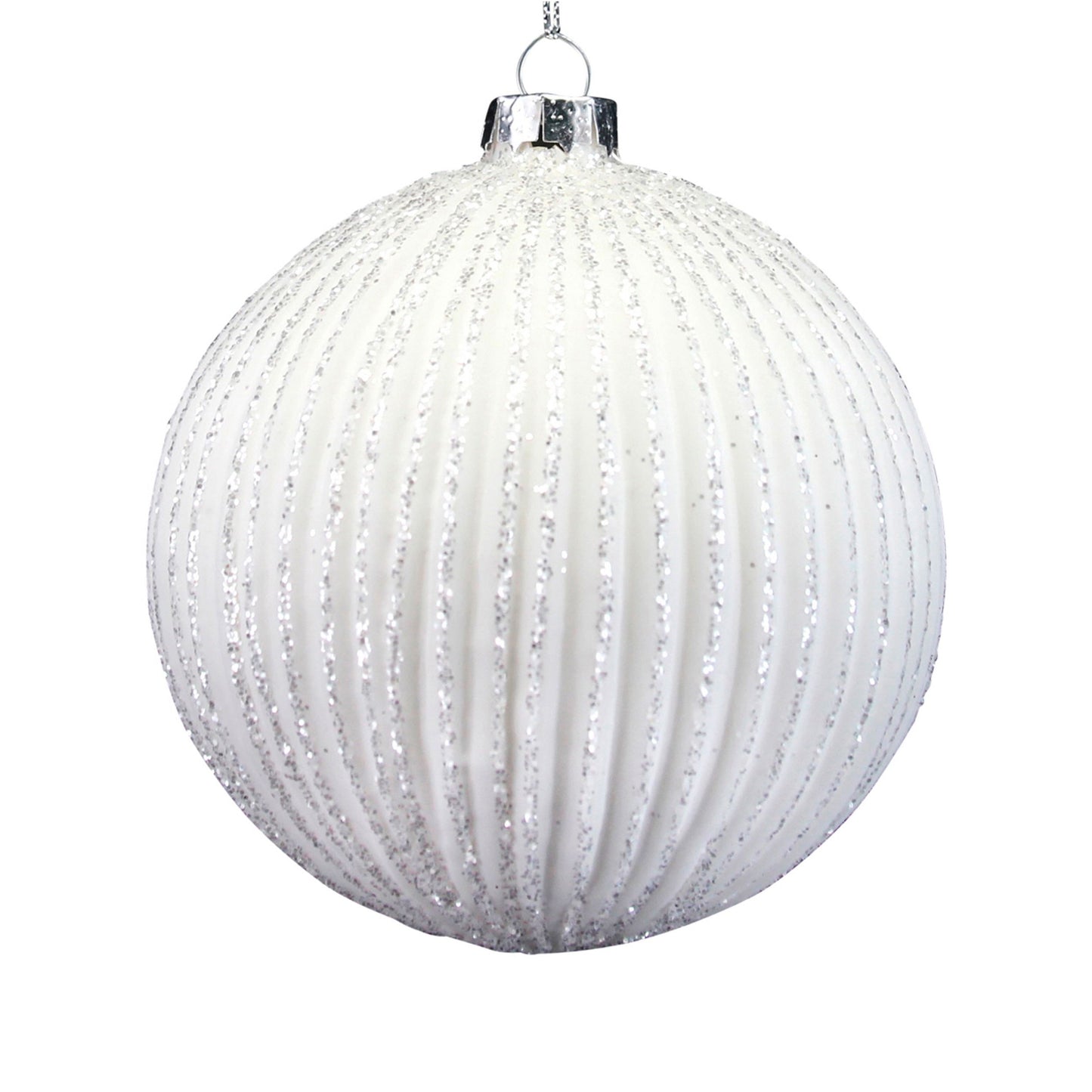 Matt White Ribbed Glass Ball with Iridescent Glitter