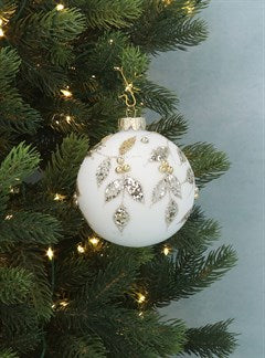 Matt Cream glass ball with Gold Glitter Leaves
