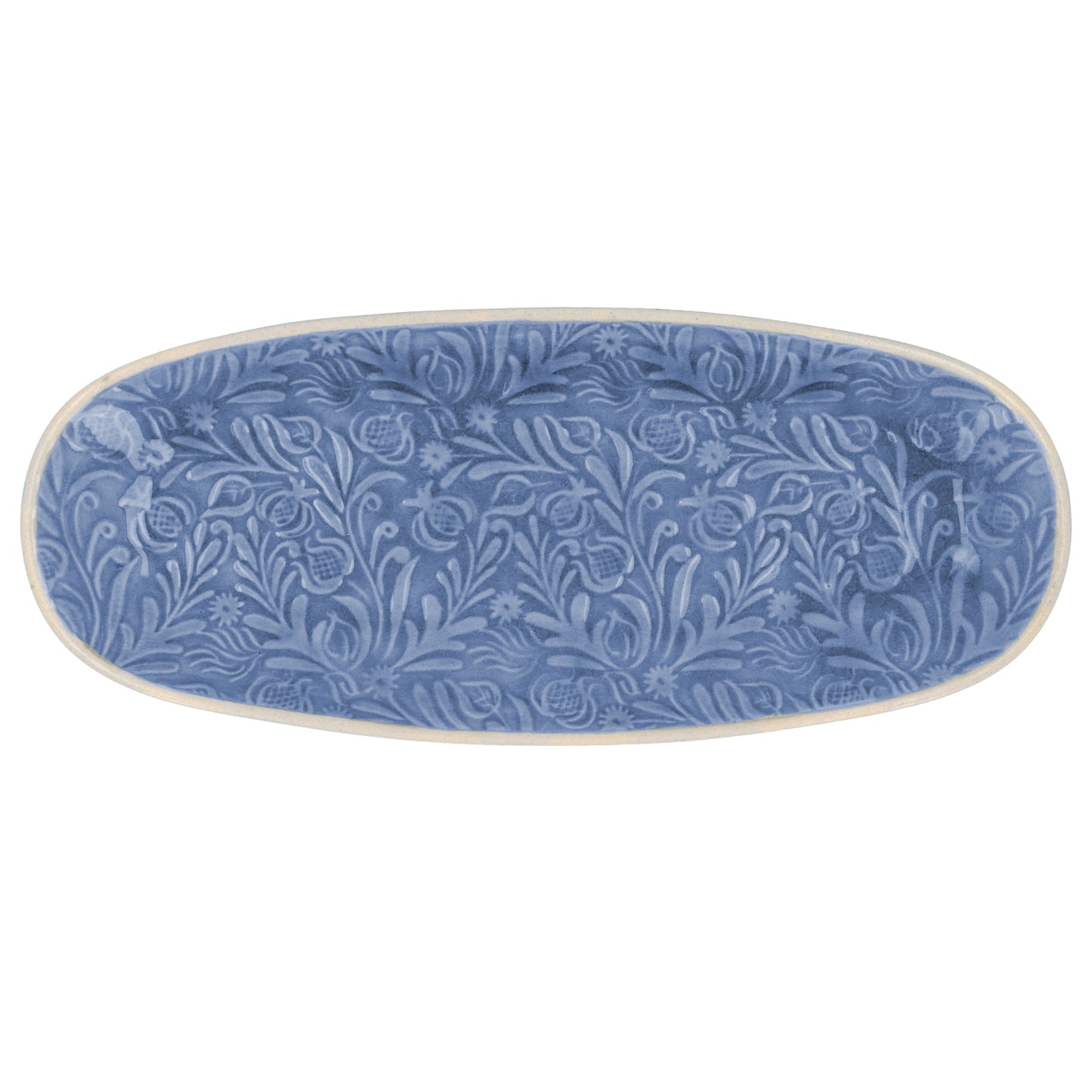 Country Flowers Blue Stoneware Oval Plate