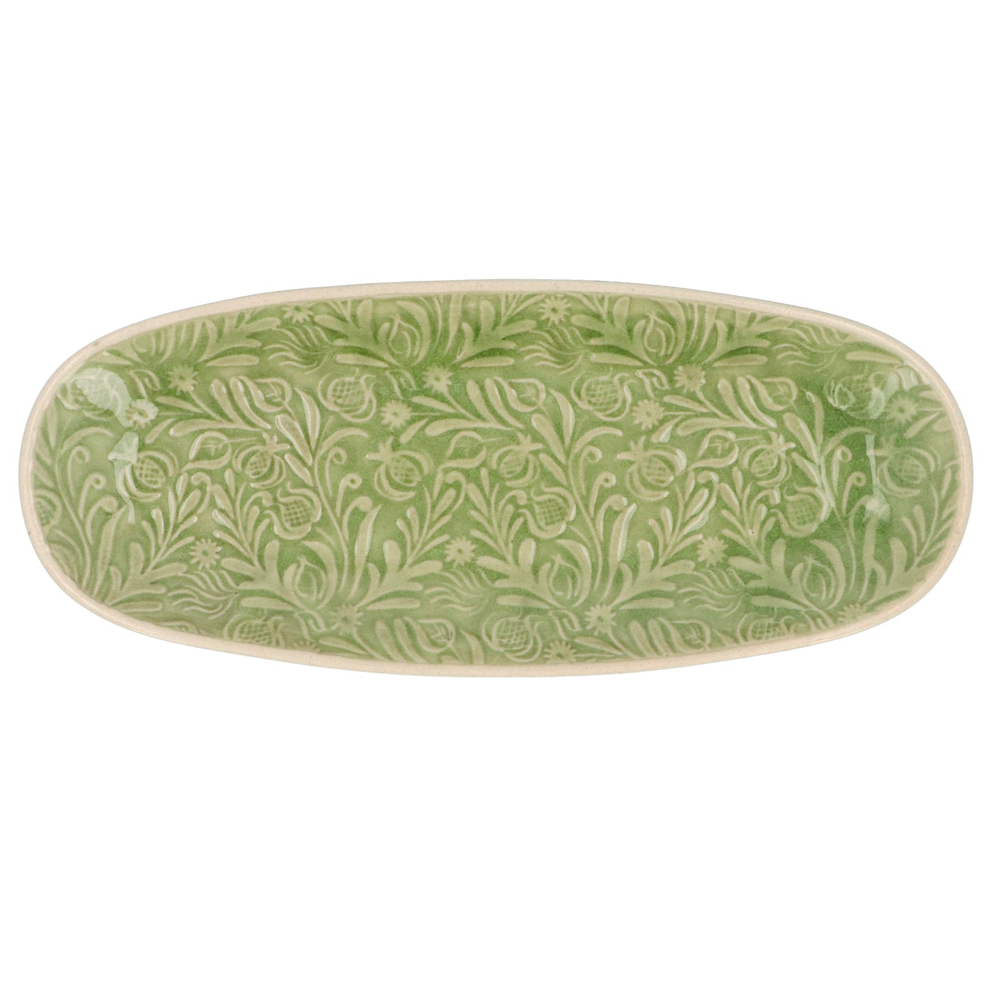 Country Flowers Green Stoneware Oval Plate