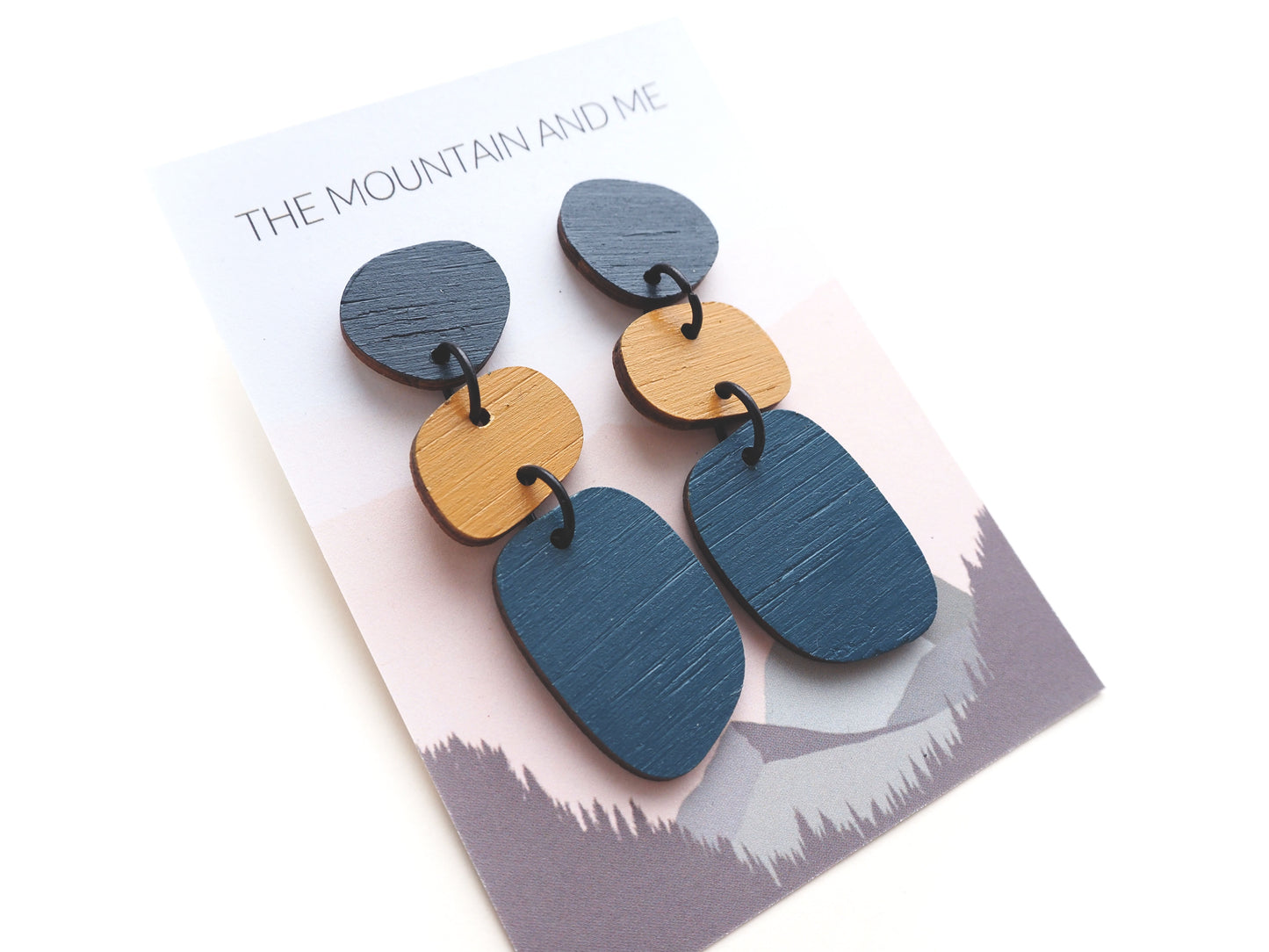 Dangle Earring Geometric 3 tier Mustard & Blue