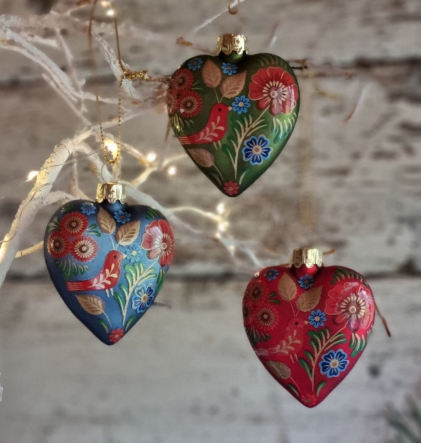 Red, Green or Blue Folk Art Glass Heart, 3 assorted designs