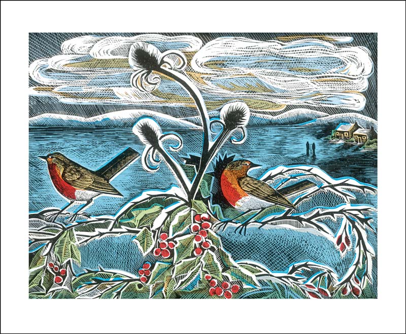 Robins & Holly Lino and silkscreen print Card by Angela Harding