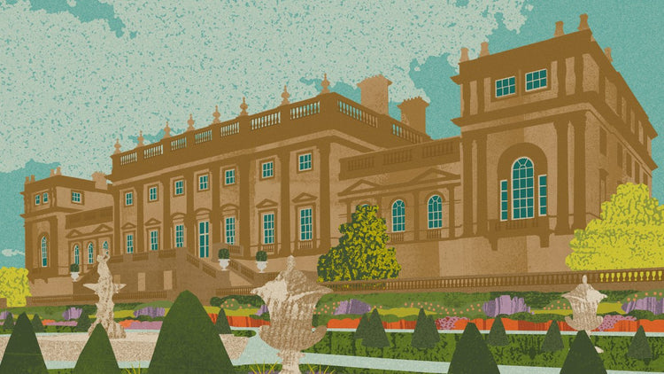 A printed view of Harewood House, with bright colours, viewed from the Terrace