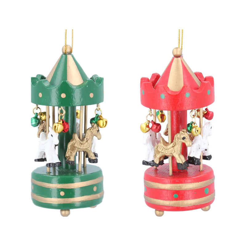 Red or Green Carousel Wooden Hanging Decoration; 2 assorted