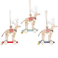 Wood Reindeer on wheels decoration; 3 assorted