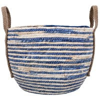 Blue Stripe Round Corn Husk Basket w Handles, Large