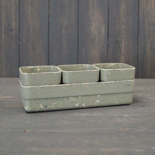 Earthy Sage Bamboo Terrazzo Trio Pots with Tray