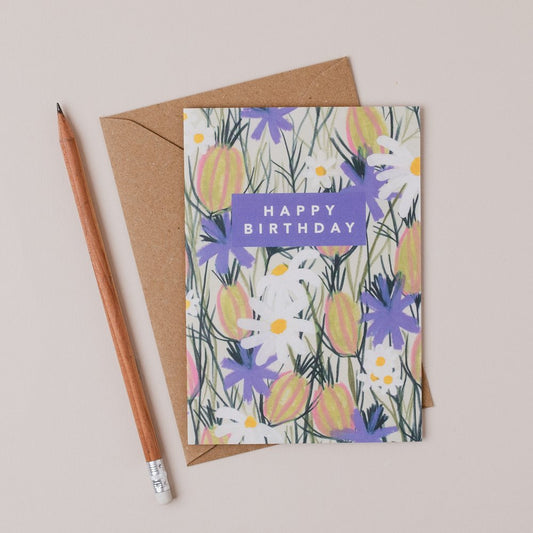 Happy Birthday  Purple Flowers - Joy Jen Studio