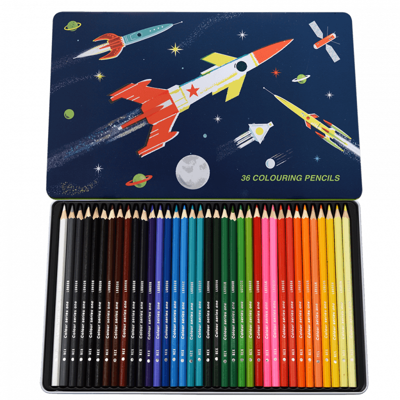 36 colouring pencils in a tin - Space Age
