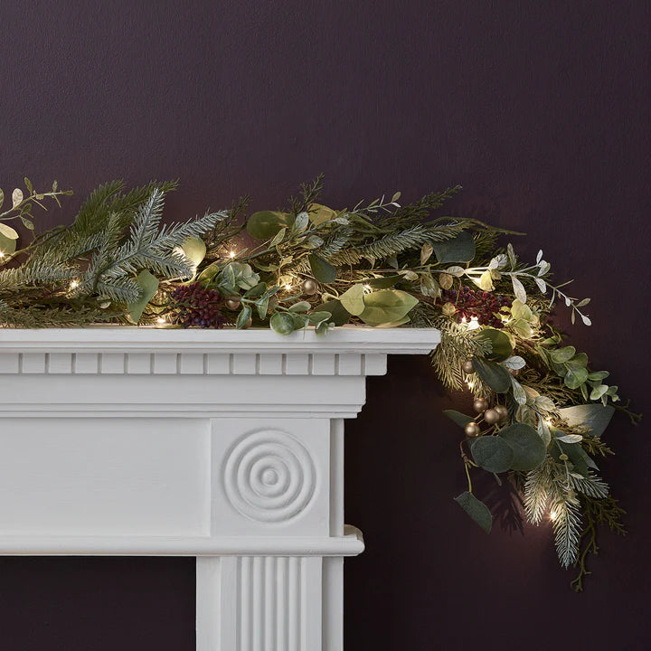 2m Pre Lit Eucalyptus, Pine & Gold Berry Christmas Garland