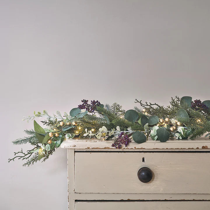 2m Pre Lit Eucalyptus, Pine & Gold Berry Christmas Garland