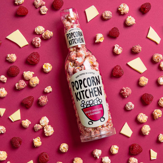 Popcorn Gift Bottle 70g - White Chocolate & Raspberry