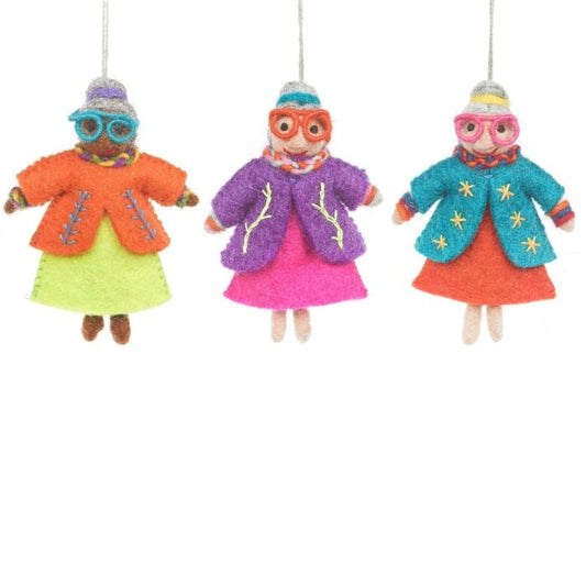Handmade Felt Groovy Grannies Hanging Decoration (3 Assorted)
