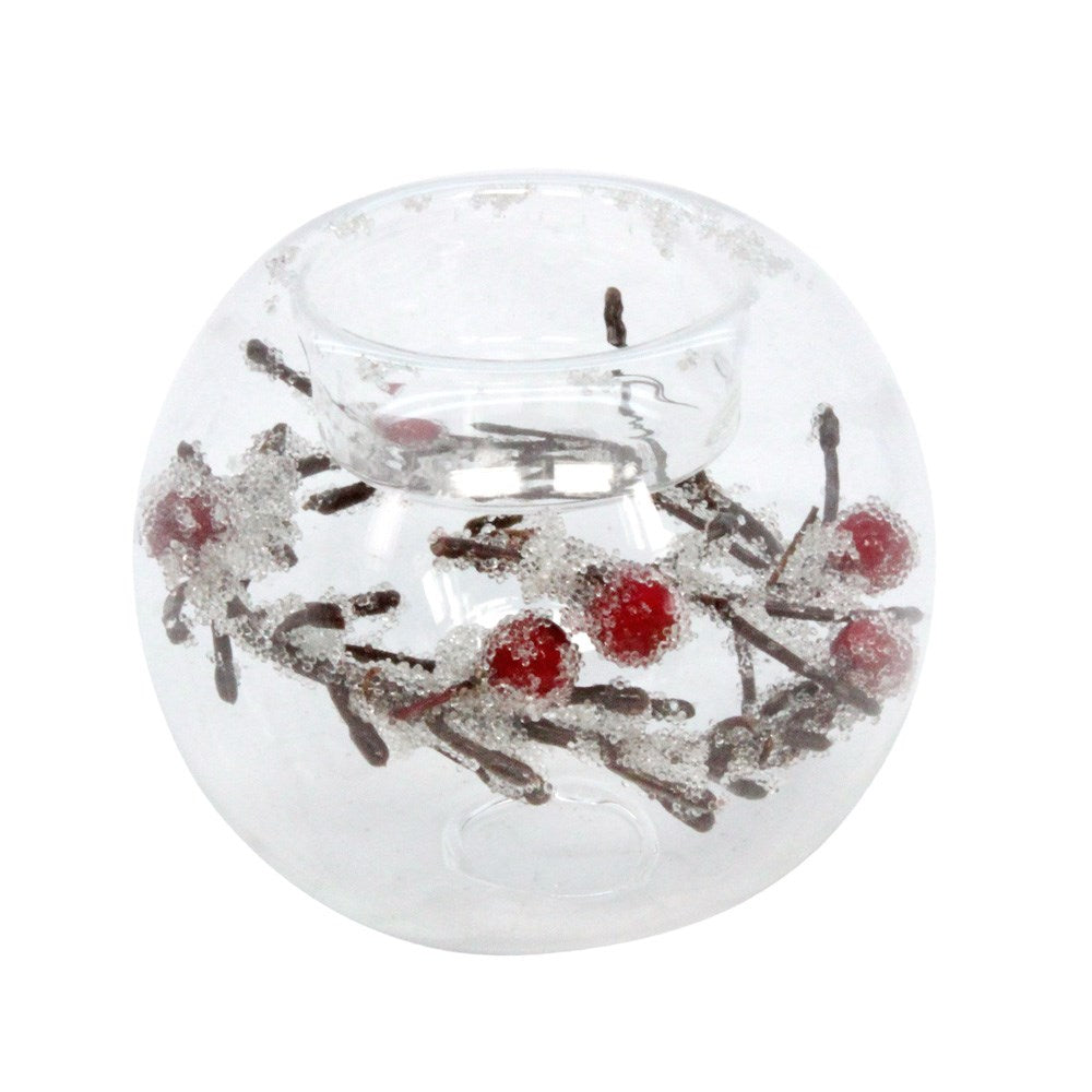 Glass Night Light Pot with Frost Twig, Berry, 6cm