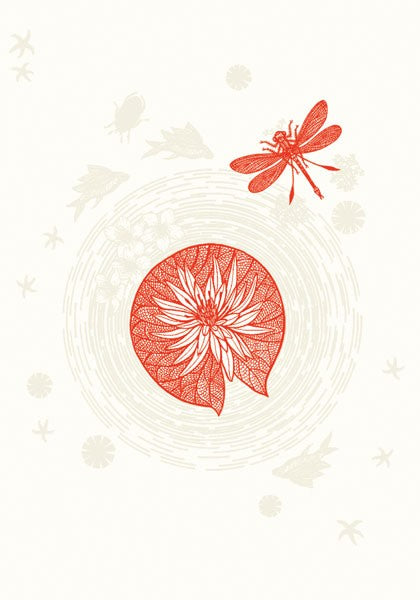 Red Lily Pad & Dragonfly - Fossile Card