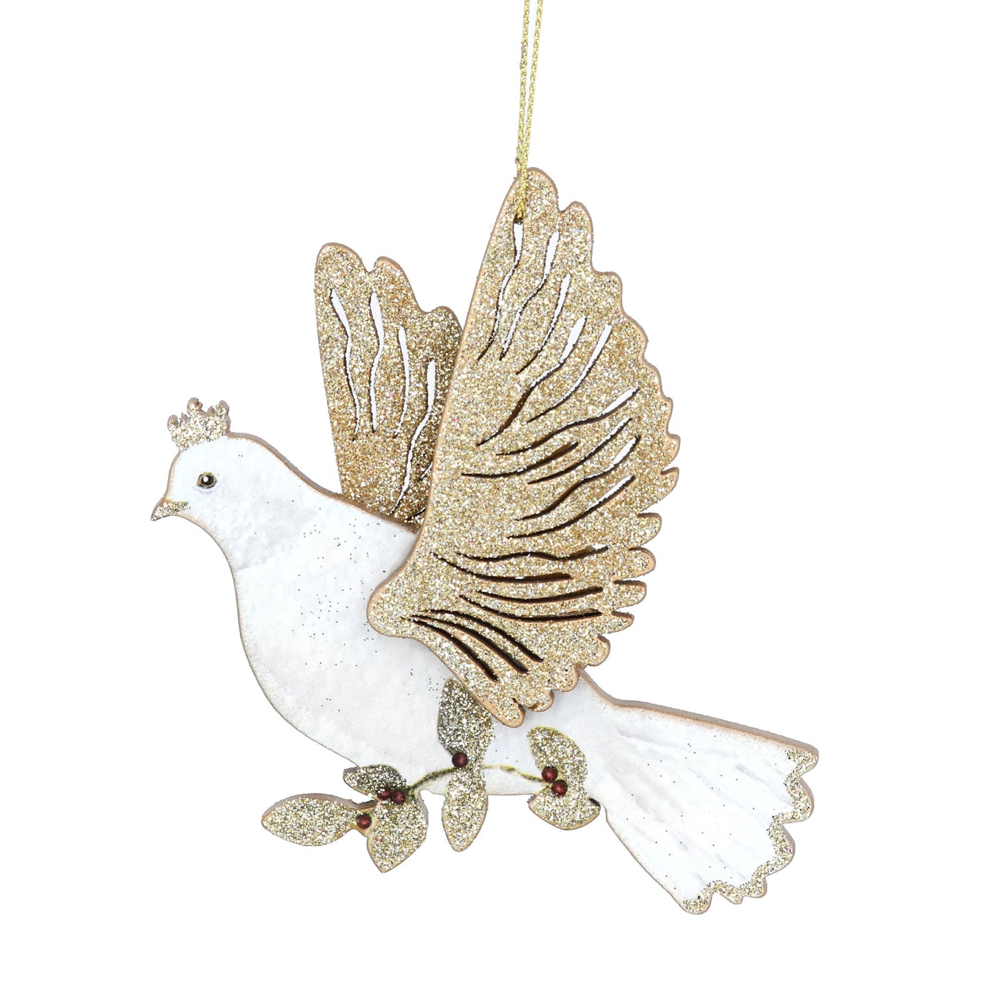 Cream/Gold Wood Dove with Leaves decoration