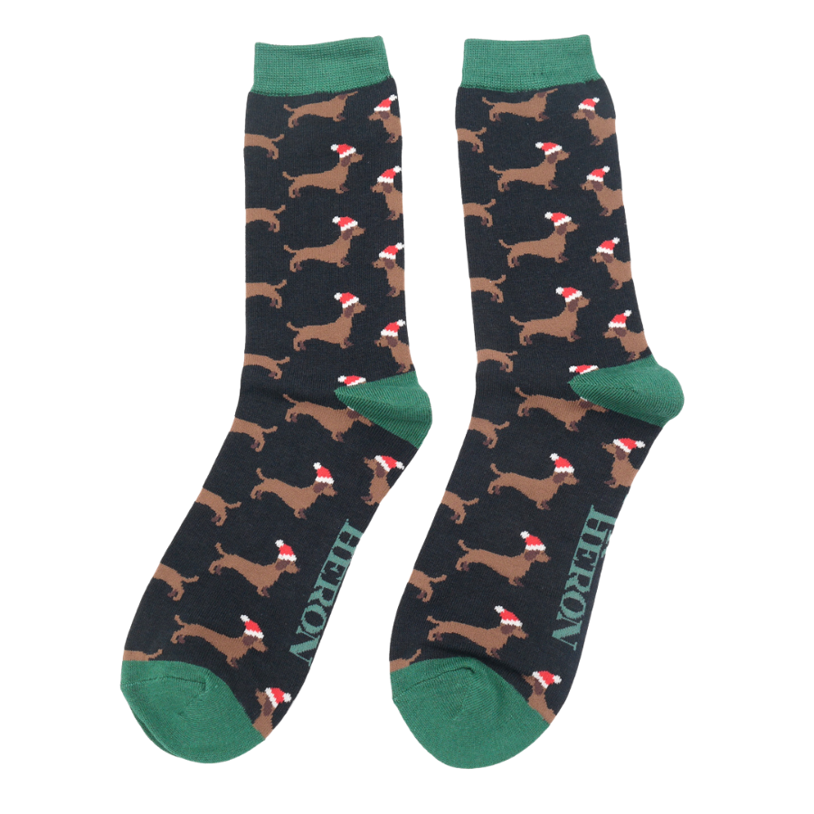 Mr Heron Socks - Sausage Dog Santa Black